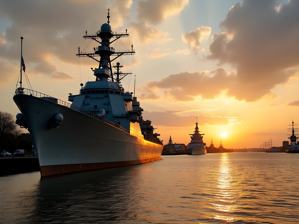 USS Wisconsin battleship at Norfolk waterfront during sunrise