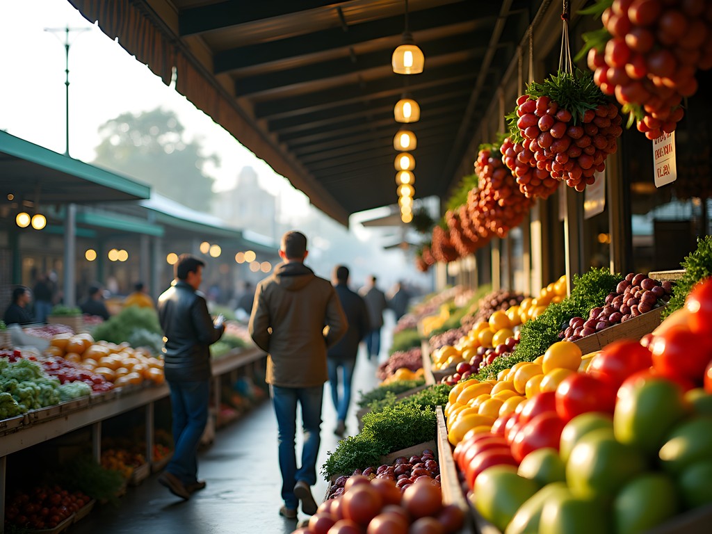 Vibrant morning scene at Fruitvale Public Market with diverse vendors and customers