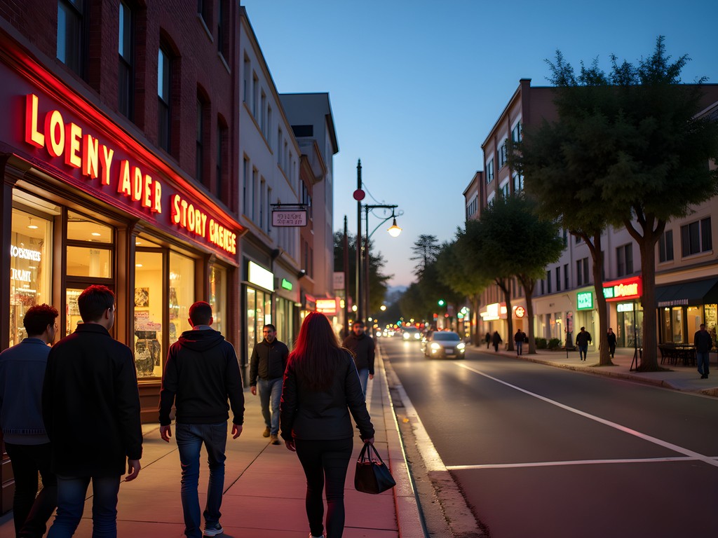 Evening scene on MacArthur Boulevard in Oakland's Laurel District showing diverse businesses and pedestrians