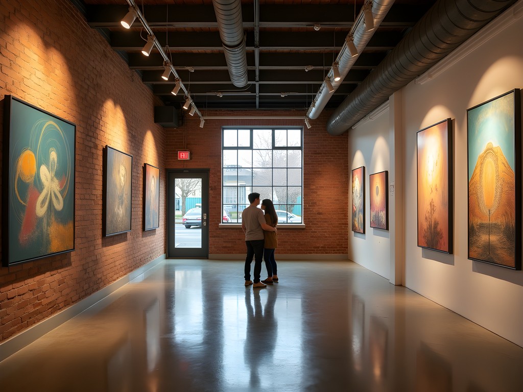 Couple examining artwork in an intimate Oakland gallery space