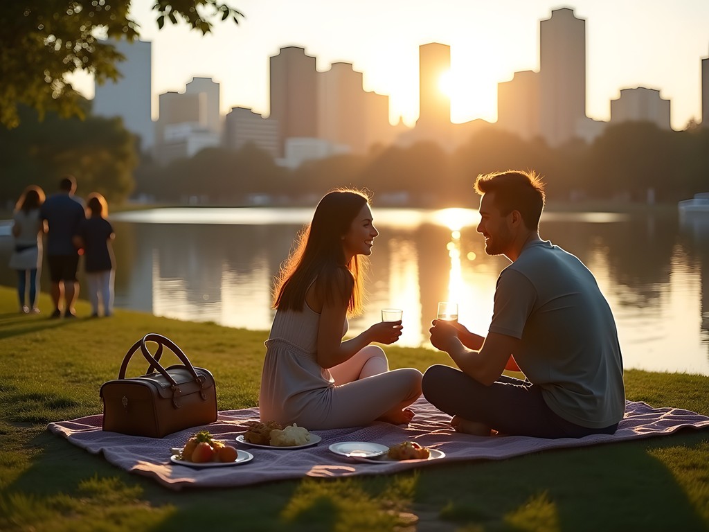Couple enjoying picnic by Lake Merritt with art purchases from local market