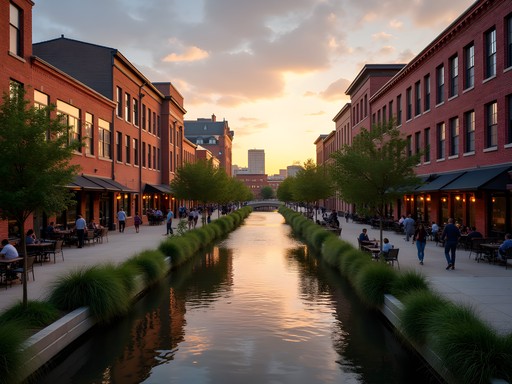 Sunset view of Bricktown Canal with historic warehouses and modern landscaping