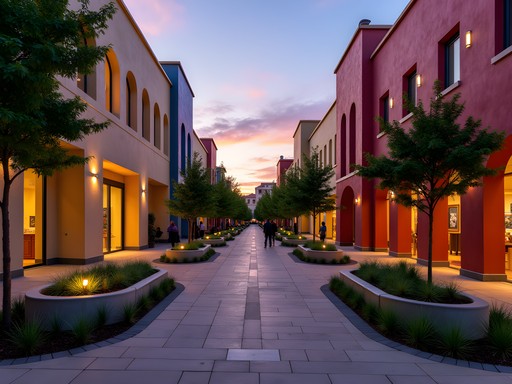 Evening scene in the Paseo Arts District showing Spanish Revival architecture and native landscaping