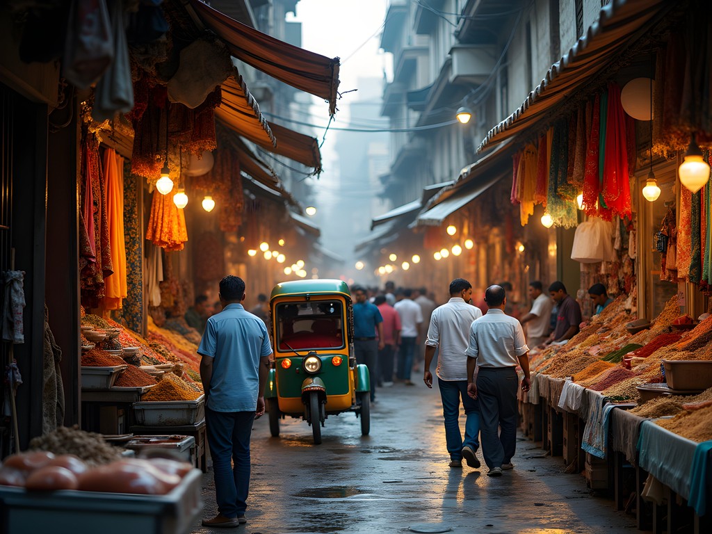 Crowded market scene in Chandni Chowk showing narrow lanes filled with colorful shops and bustling crowds