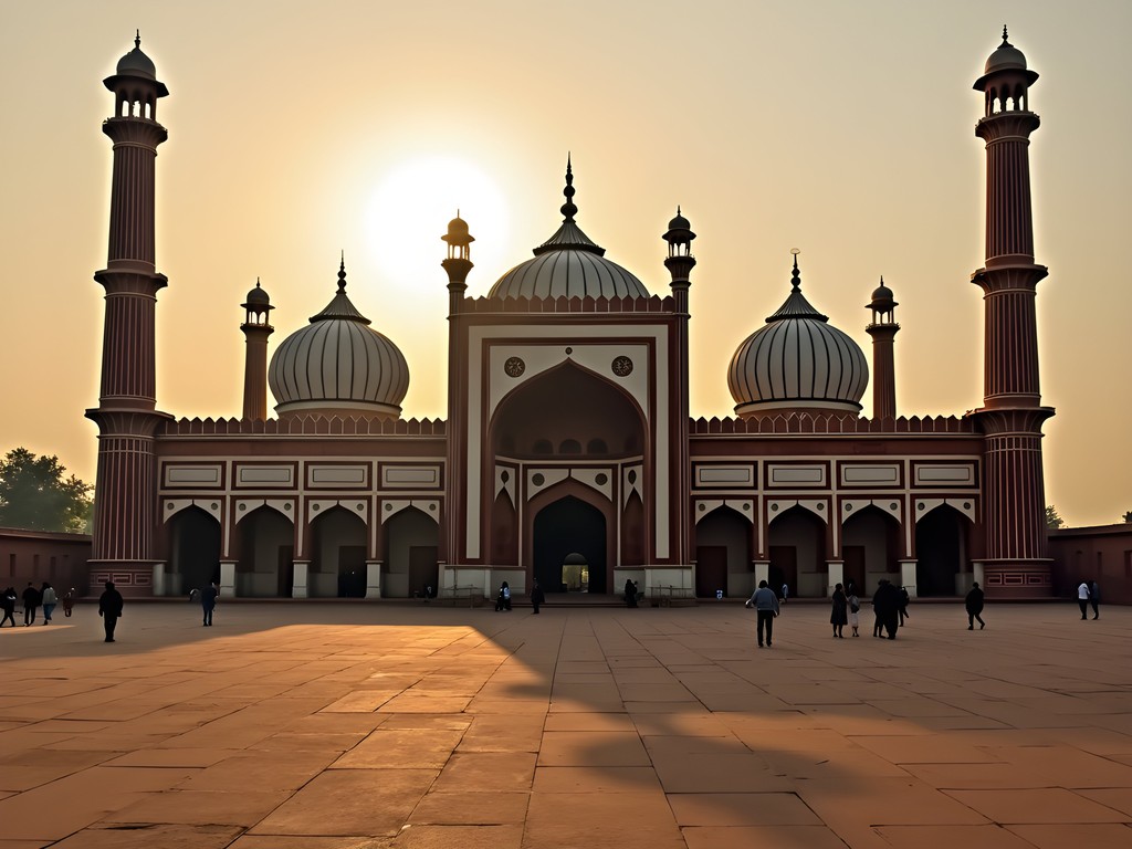 Jama Masjid mosque at dawn with golden light illuminating its red sandstone and white marble architecture
