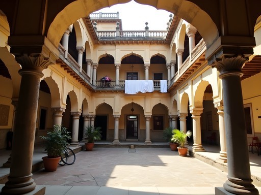 Interior courtyard of a historic haveli in Old Delhi showing traditional architecture with modern family life