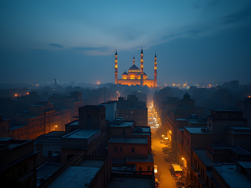 Panoramic twilight view of Old Delhi from a rooftop showing illuminated Jama Masjid and city lights
