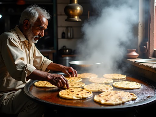 Traditional paratha maker frying stuffed flatbreads in Paranthe Wali Gali, Old Delhi