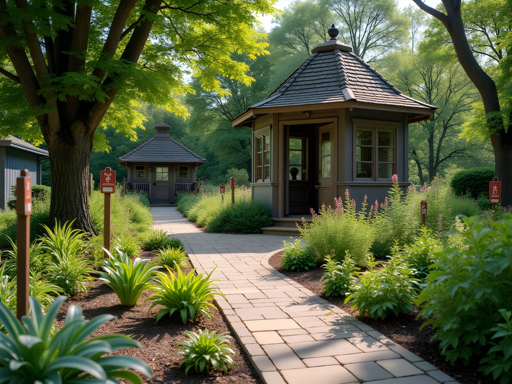 Historic medicinal herb garden behind Durham Museum with labeled plants and vintage pharmacy implements