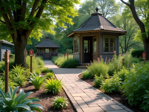 Historic medicinal herb garden behind Durham Museum with labeled plants and vintage pharmacy implements