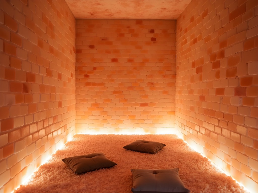 Subterranean Himalayan salt room with glowing pink salt walls and meditative atmosphere