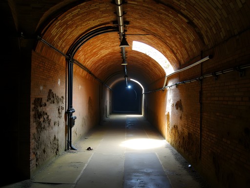 Historic underground tunnel beneath Omaha's Old Market district with brick archways and original fixtures