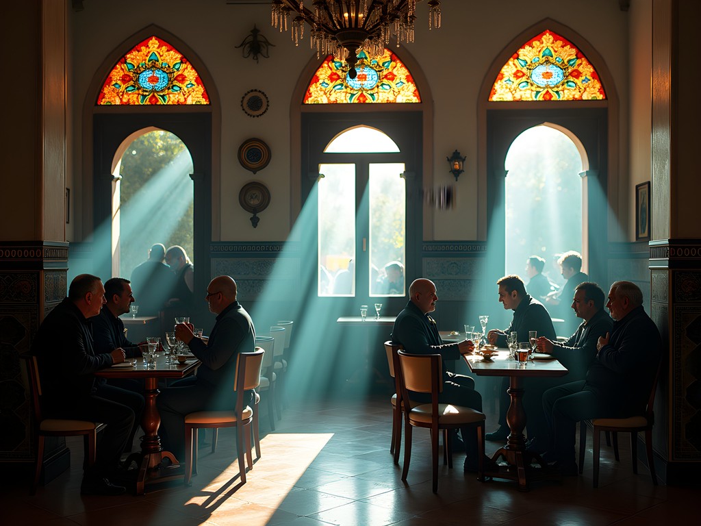 Traditional Algerian café scene with locals engaged in conversation