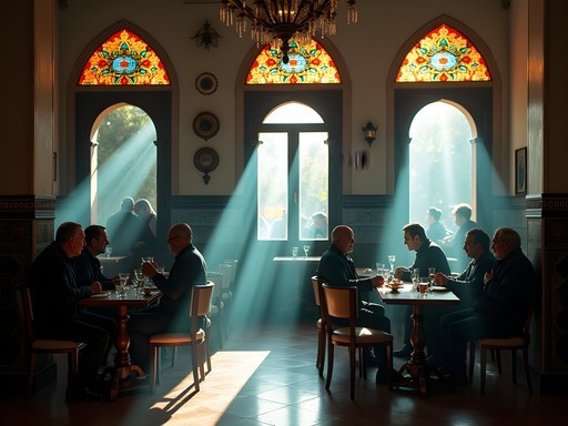 Traditional Algerian café scene with locals engaged in conversation