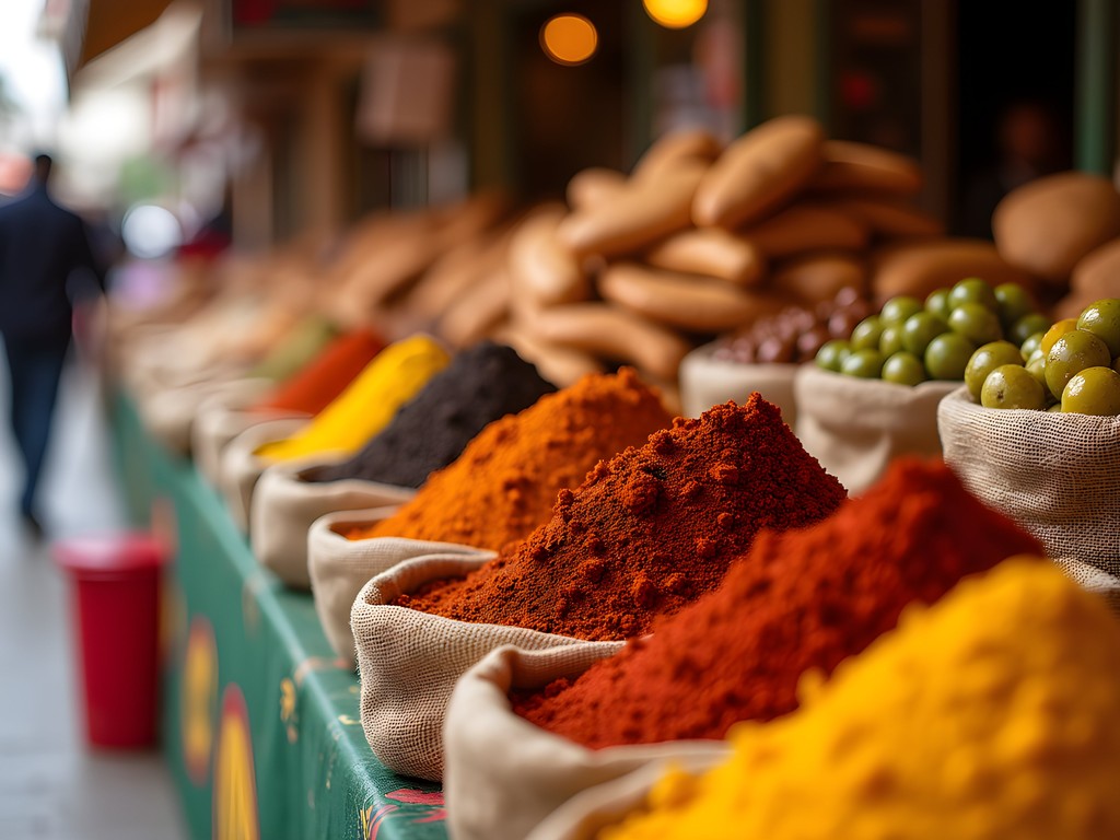 Vibrant Algerian street food market with traditional dishes