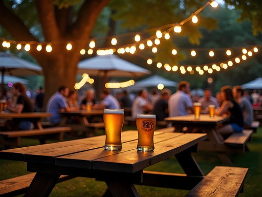 Outdoor beer garden in Oshkosh with string lights hanging between mature trees creating ambient evening atmosphere