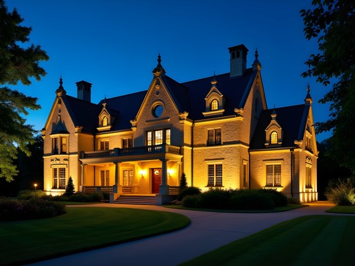 Paine Art Center and Gardens in Oshkosh illuminated at night with dramatic lighting highlighting Gothic-Revival architecture
