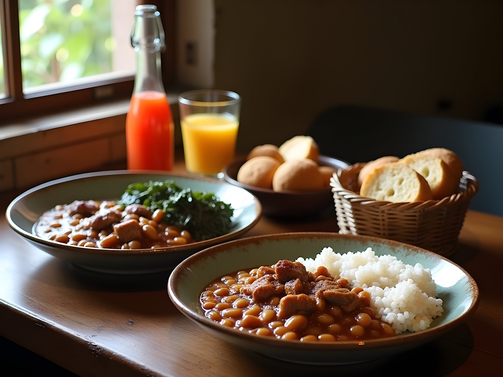 Traditional Minas Gerais meal with tutu Ă mineira, pork, rice, and collard greens on a wooden table