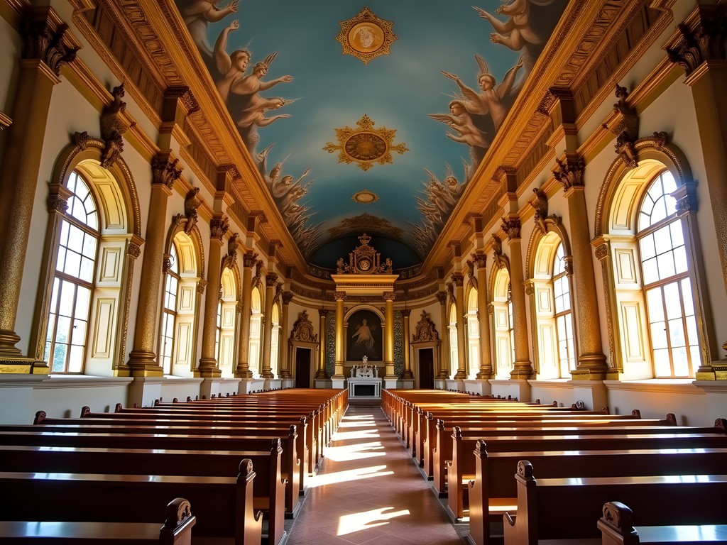 Ornate baroque interior of SĂŁo Francisco de Assis Church with golden altars and painted ceiling