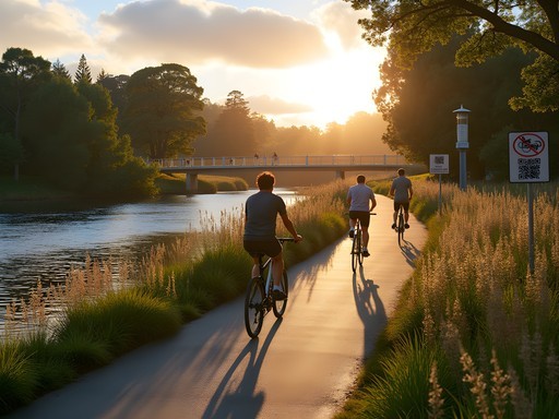 Manawatu River Pathway in Palmerston North with cyclists and pedestrians enjoying riverside urban nature