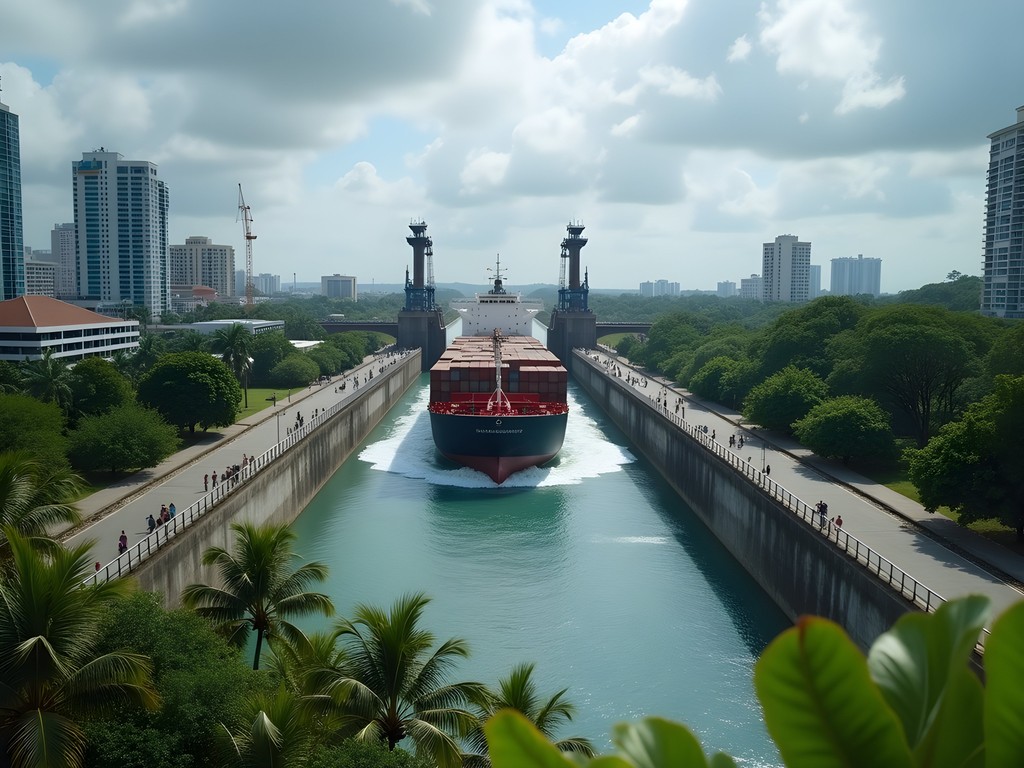 Large cargo ship transiting through Miraflores Locks at Panama Canal