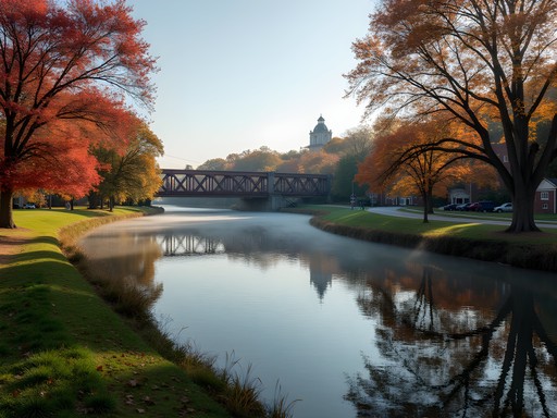 Autumn view of Ohio River and historic railroad bridge from Point Park in Parkersburg