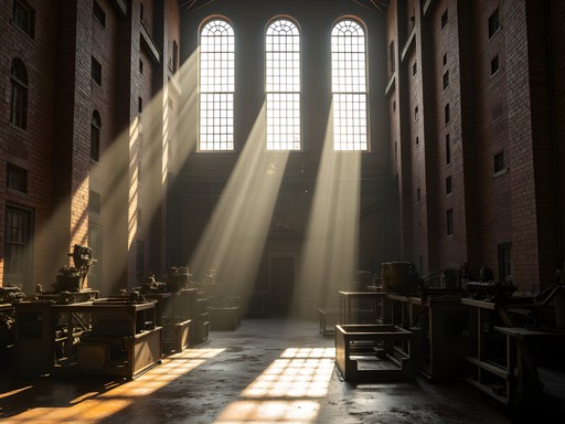 Sunlight streaming through windows of abandoned textile mill in Paterson
