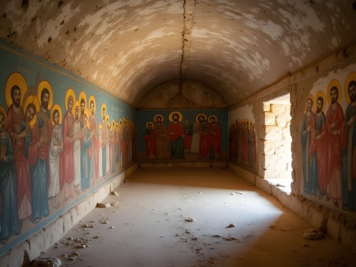 Ancient frescoes in the Early Christian Necropolis underground burial chambers in Pecs, Hungary