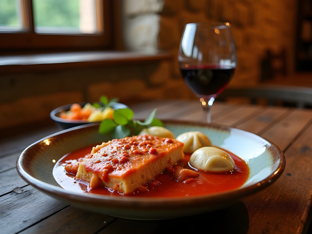 Traditional Hungarian meal with paprikash and nokedli in a rustic restaurant setting in Pecs