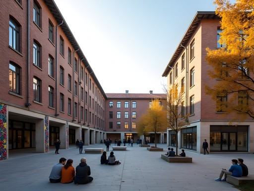 Renovated industrial buildings of the Zsolnay Cultural Quarter with colorful ceramic decorations in autumn light