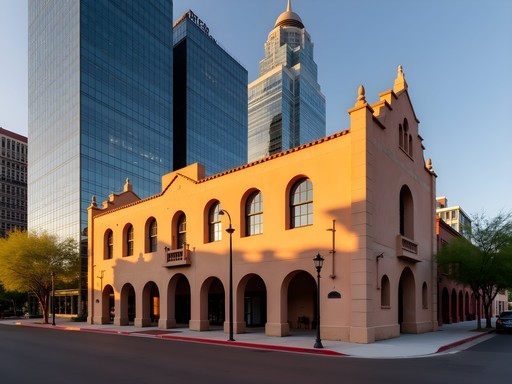 Historic adobe structure contrasted with modern glass skyscrapers in downtown Phoenix
