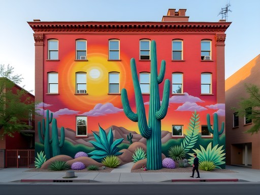 Vibrant desert-inspired mural on historic building in Roosevelt Row Arts District, Phoenix