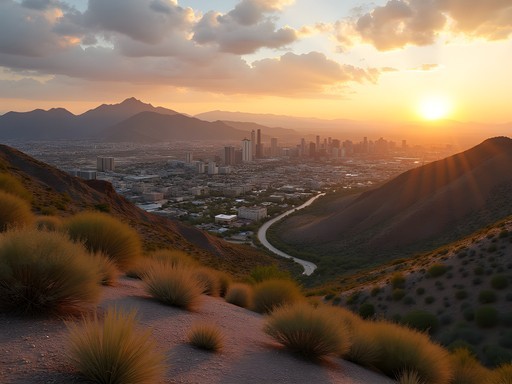 Panoramic view of Phoenix cityscape from South Mountain Park with desert vegetation in foreground