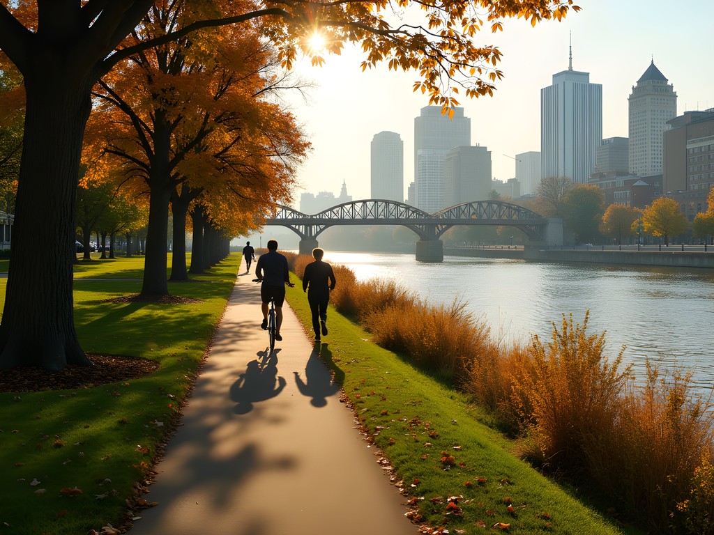 Three Rivers Heritage Trail along Pittsburgh riverfront with fall foliage and city skyline