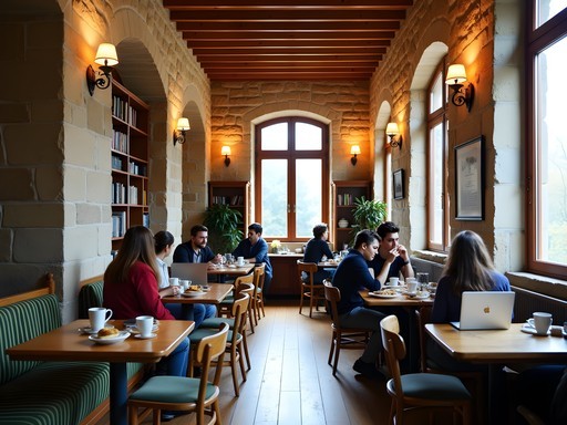 Interior of historic Plovdiv café with students and locals engaged in conversation