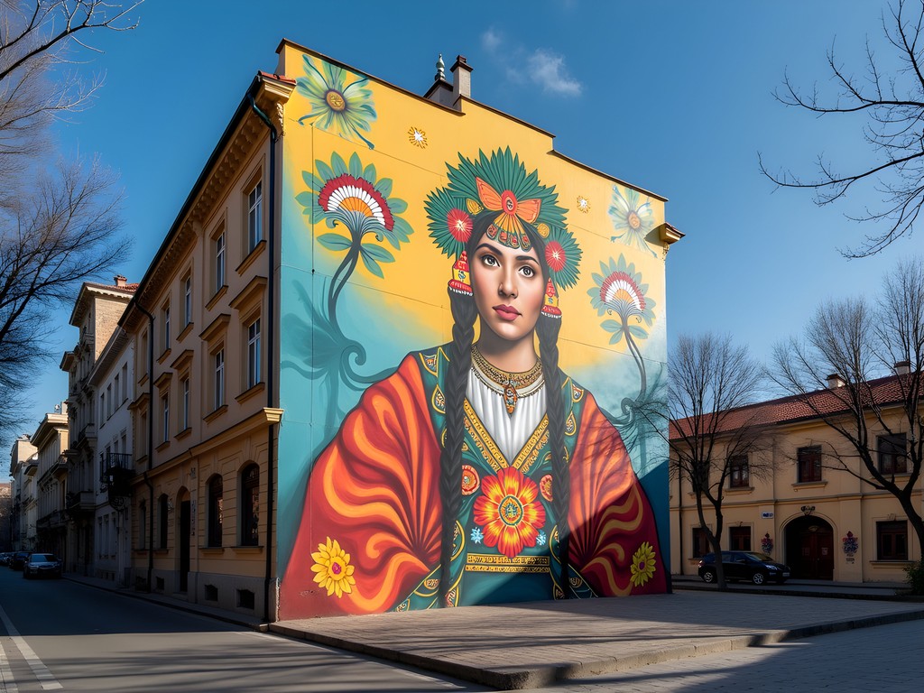 Vibrant street art mural depicting traditional Bulgarian folk character in contemporary style
