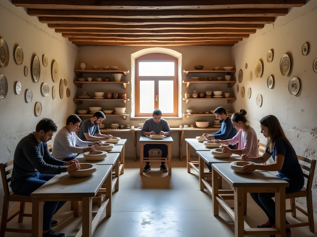 Traditional Bulgarian pottery workshop in Plovdiv's Old Town with students learning ceramic techniques