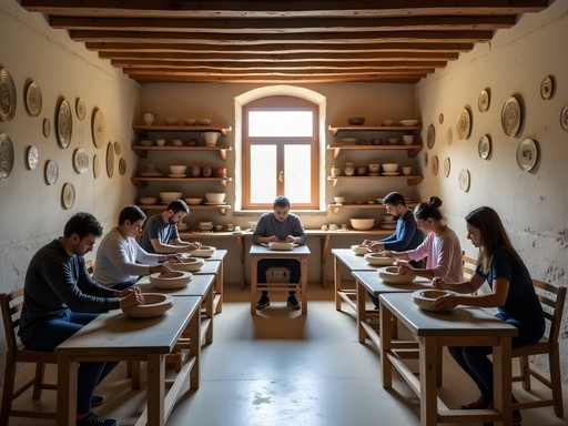 Traditional Bulgarian pottery workshop in Plovdiv's Old Town with students learning ceramic techniques