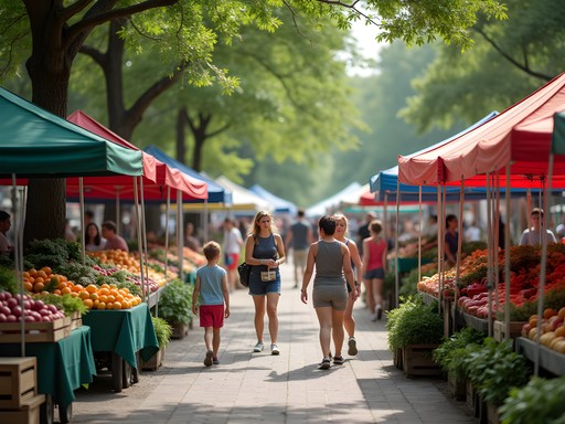 Plymouth Farmers Market with colorful produce displays and families shopping