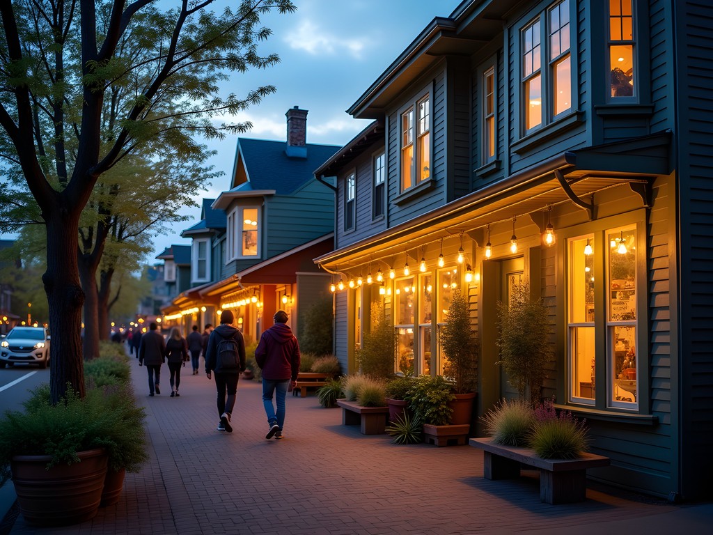 Montavilla Arts District galleries and restaurants at dusk Portland Oregon