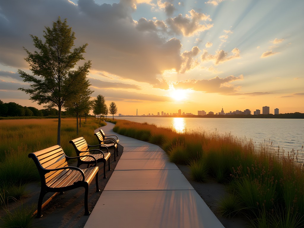 Portsmouth Elizabeth River Trail at sunset with Norfolk skyline view