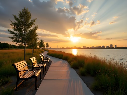 Portsmouth Elizabeth River Trail at sunset with Norfolk skyline view