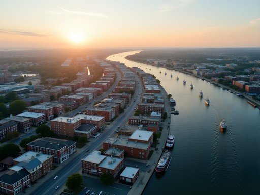 Aerial drone photo showing Portsmouth's historic grid pattern meeting the Elizabeth River