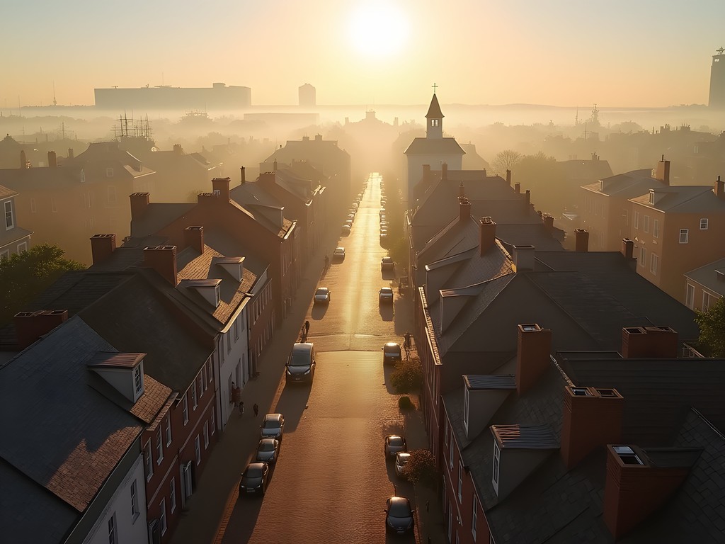 Aerial view of Portsmouth historic district at dawn with Elizabeth River