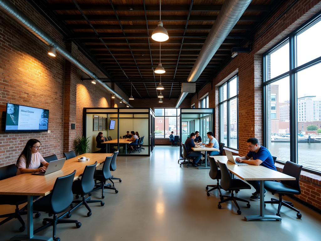 Interior of Portsmouth Innovation Hub showing coworking space in repurposed industrial building