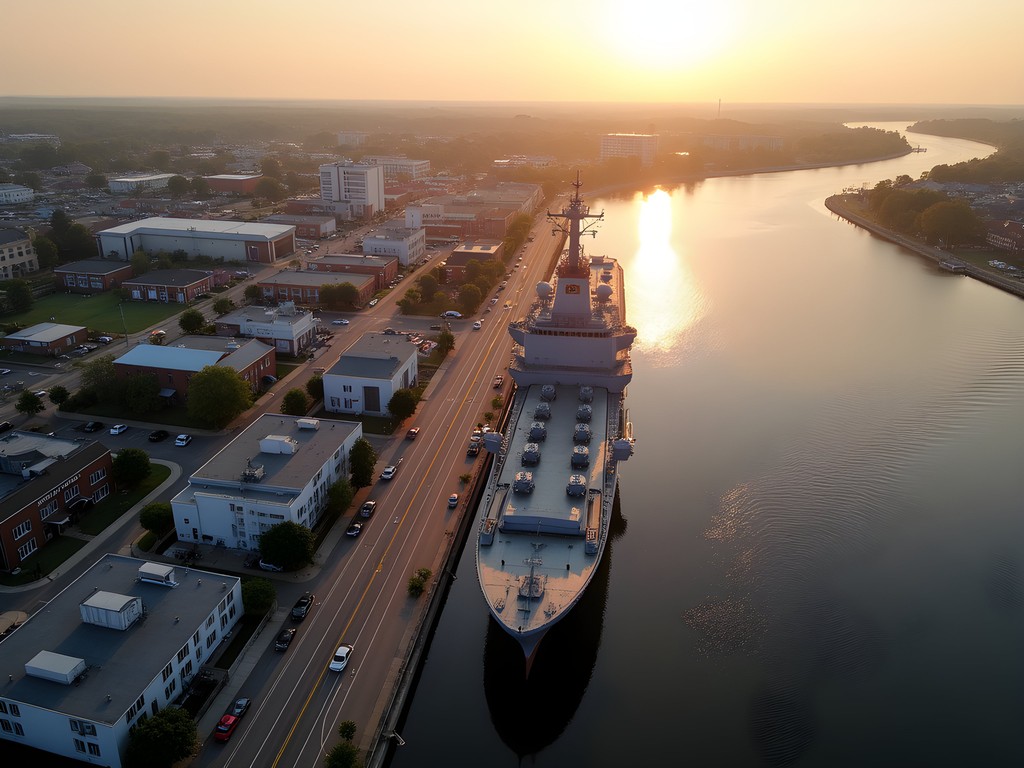 Aerial drone view of Portsmouth waterfront and naval shipyards