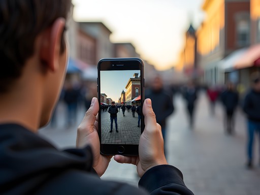 Tourist using augmented reality app to view historical overlay of Portsmouth naval yard