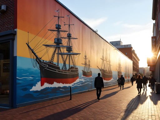 Large-scale naval history mural in downtown Portsmouth