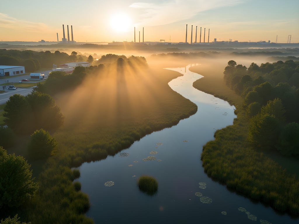 Aerial drone photograph of Paradise Creek Nature Park with industrial backdrop
