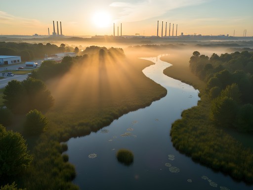 Aerial drone photograph of Paradise Creek Nature Park with industrial backdrop